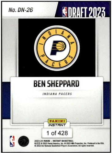 Vista 2 de BEN SHEPPARD RC 2023-24 Panini Instant Draft Night ROOKIE /428#DN26 Pacers NM+-MT+ NBA Basketball