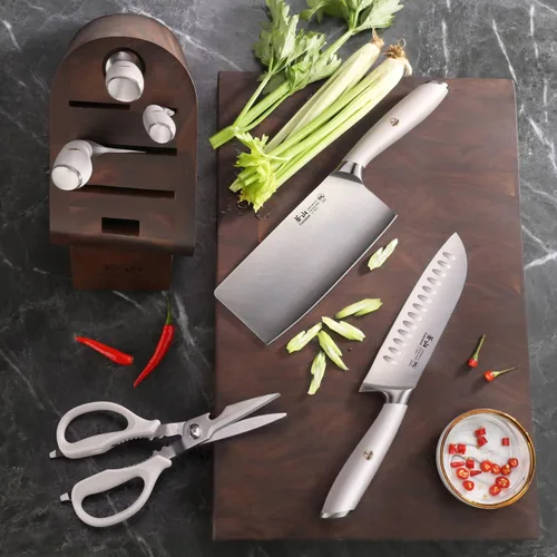 Vista 7 de Cangshan L1 Series juego de 7 piezas de bloque de cuchillos con cuchillo de cocina, acero alemán forjado, blanco, 1027129