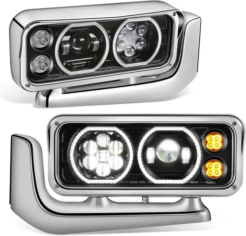 Vista 8 de DNA MOTORING HL-HAY-033-BK Par de faros delanteros LED con anillo de halo tipo U y reflector, ángulo amplio, compatible con Peterbilt 359 de Negro