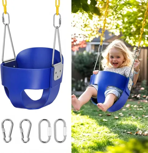 Columpio de respaldo alto con cadenas recubiertas y protección triangular para mayor seguridad, columpio para bebé al aire libre con hebillas de Azul
