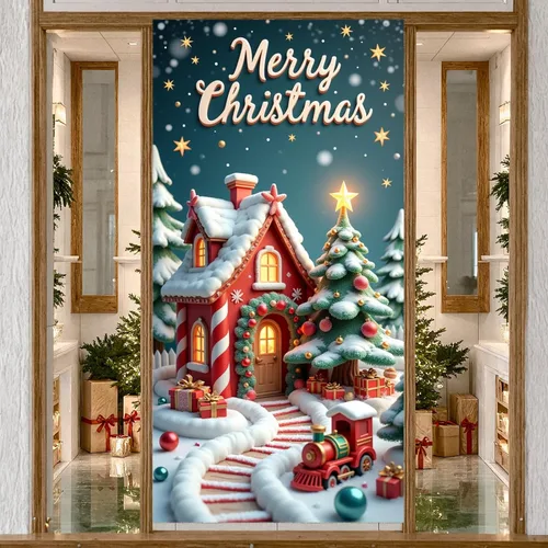 Vista 11 de Decoración de cubierta de puerta de Navidad, chimenea, letrero rojo para puerta delantera, árbol de Navidad rojo, telón de fondo para pared