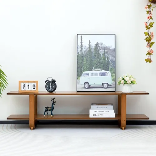 Vista 9 de HollyHOME Soporte de TV de bambú con almacenamiento para televisores de hasta 65 pulgadas, moderno centro de entretenimiento con 2 estantes