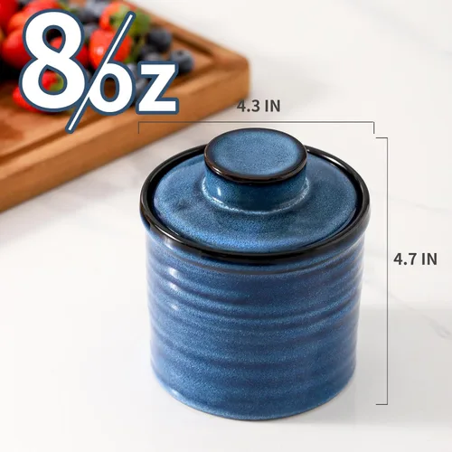 Vista 2 de HASENSE Vajilla de mantequilla de cerámica con tapa, plato de mantequilla para encimera con línea de agua, contenedor francés de mantequilla