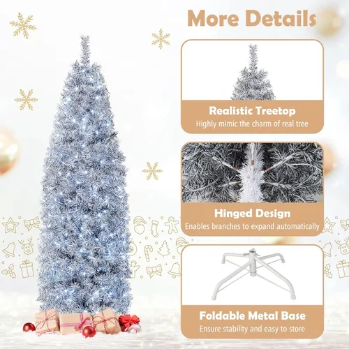 Vista 8 de HAPPYGRILL Árbol de Navidad artificial preiluminado de 6 pies, árbol de Navidad con bisagras con 475 puntas de rama, 250 luces LED blancas frías
