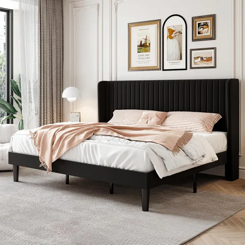 Vista 23 de SHA CERLIN Base de cama de terciopelo de tamaño matrimonial con cabecera capitoné de canal vertical, plataforma tapizada con listones de madera,