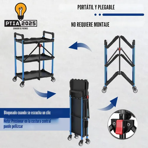 Vista 2 de WORKPRO Carrito de servicio plegable de 3 niveles, carrito de servicio plegable de 210 LBS con ruedas, carrito de herramientas portátil para garaje