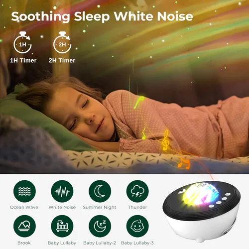 Vista 5 de ACACIA Proyector de galaxia con 21 efectos de luz, proyector de estrellas de luz de galaxia con ruido blanco y altavoz Bluetooth integrado