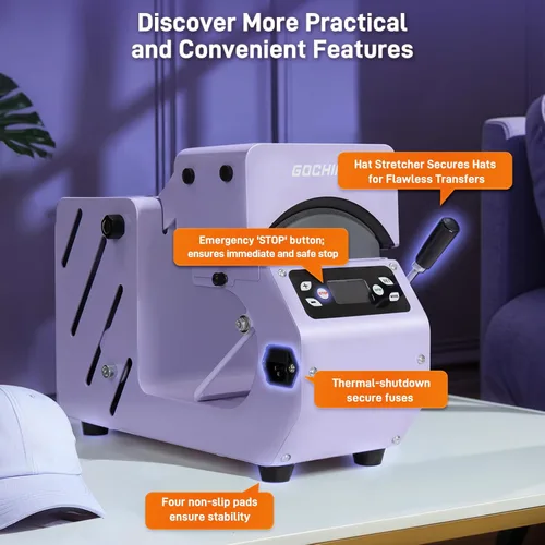 Vista 5 de GOCHIFIX máquina de prensa de calor automática para gorras, apertura/liberación automática, 4 modos de memoria, control preciso