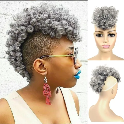 Vista 8 de Cola de caballo afro Puff Mohawk Jerry rizada sin cordón con clip sintético Fauxhawks Afro Puff Bun con flequillo, extensiones de cabello corto afro