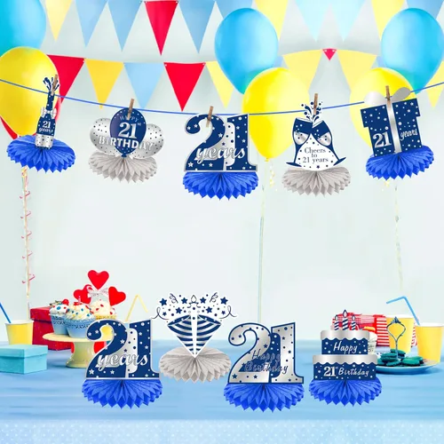 Vista 23 de Kauayurk - 8 centros de mesa de panal azul plateado para décimo cumpleaños de niños, suministros de fiesta de cumpleaños para decoración de mesa