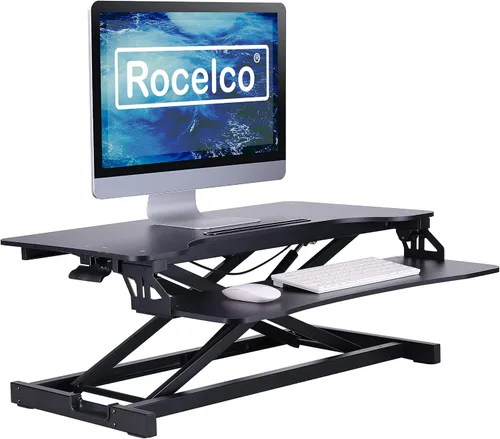 Vista 22 de Rocelco Convertidor de escritorio de pie con soporte para monitor doble, elevador de mesa de 31.5 pulgadas con soporte para tableta, estación