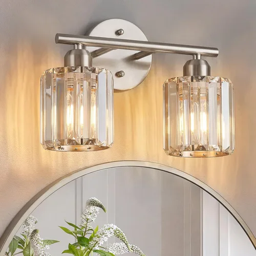 Vista 21 de Moderna lámpara de tocador de cristal de 2 luces, lámpara vertical negra sobre espejo para tocador y fregadero, compatible con bombillas regulables