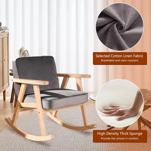 Vista 4 de Silla mecedora decorativa, moderna silla mecedora con asiento acolchado, sofá individual de madera para sala de estar, dormitorio, oficina
