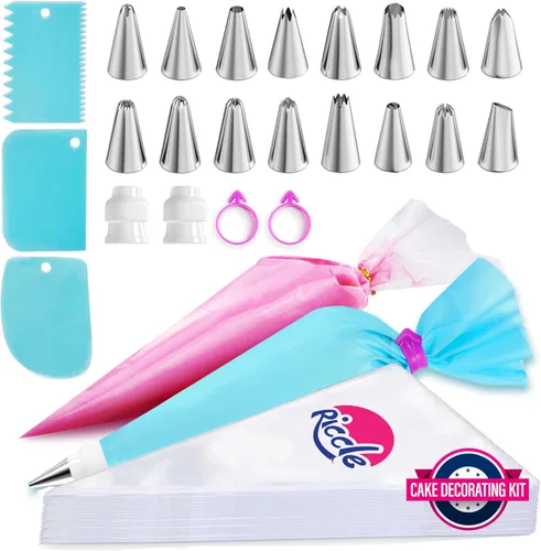 Riccle Juego de bolsas y puntas para tubería, 11.8 Pulgadas 100 bolsas anti-reventón, kit de decoración de pasteles de 124 piezas con 16 puntas para
