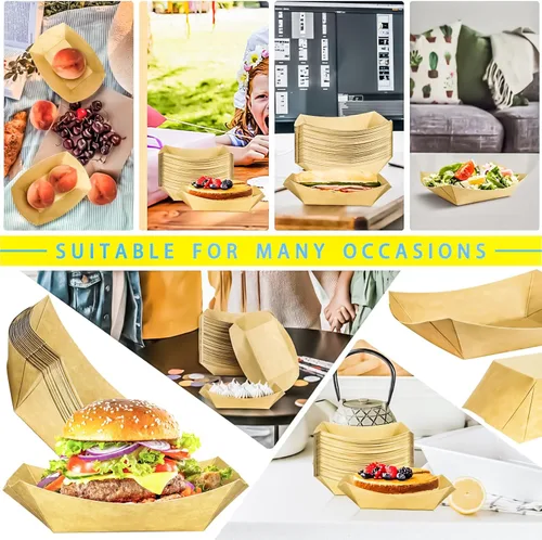 Vista 6 de MotBach Paquete de 200 bandejas de papel kraft de 2 libras, botes de papel desechables, botes de alimentos de alta resistencia, bandeja de papel