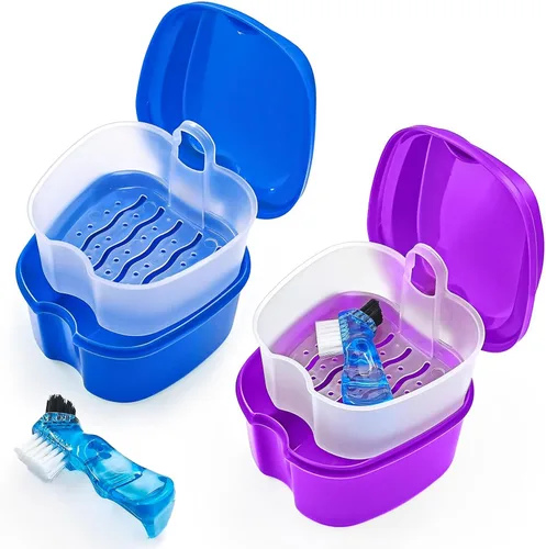 Vista 9 de Keedolla 2 Pack de lindos vasos para prótesis dental, contenedor de baño para remojar dientes falsos, contenedor de almacenamiento para prótesis