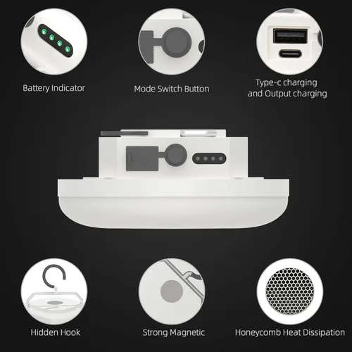 Vista 6 de Linterna LED para Tienda de Camping Recargable Portátil Colgante con Control Remoto, IPX5 Impermeable, Luces Exteriores con Batería, Lámpara