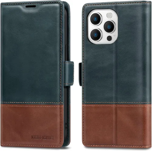 Vista 20 de KEZiHOME Funda tipo cartera compatible con iPhone 15 Pro Max, de piel auténtica [bloqueo RFID], ranura para tarjetas, soporte magnético, funda