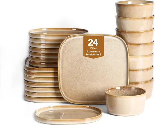 Vista 15 de Stone Lain Grace - Juego de vajilla cuadrada de gres, 12 piezas de servicio para 4, juego de platos y tazones, color negro