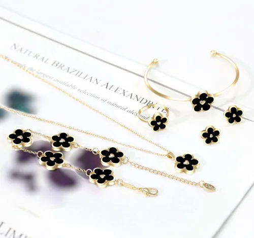 Vista 2 de Niwono Juego de joyas con corazón de flores para mujer, juego de 6 collares con dije, pulsera de eslabones, brazalete, aretes, anillo de cumpleaños