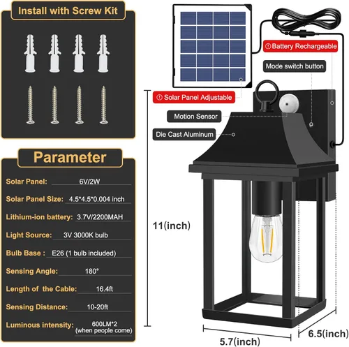 Vista 6 de Luces de porche para exteriores, con sensor de movimiento del atardecer al amanecer, farol solar de pared, panel separado y batería reemplazable