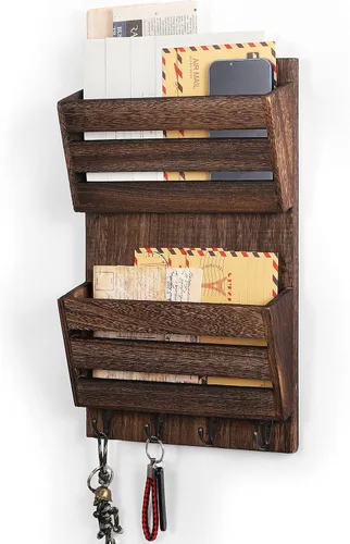 MOOACE Organizador de Correo para Montaje en Pared con Ganchos para Llaves, Portacorreo y Llaves de Madera de 2 Ranuras, Organizador de Archivos de