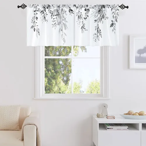 Vista 5 de Cortina de eucalipto negro y gris, cenefa para tratamiento de ventana, estilo bohemio, rústico, floral, bolsillo para barra, cortinas de ventana