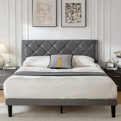 Vista 9 de Base de cama matrimonial con cabecero, marco de cama tamaño matrimonial con soporte de listones de madera resistente, marco de plataforma con Negro