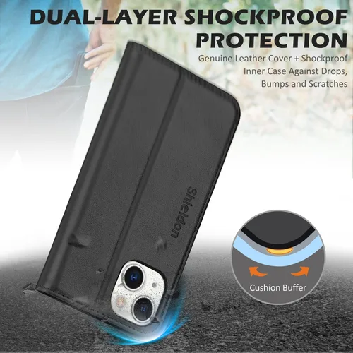 Vista 6 de SHIELDON Funda para iPhone 14 de 6.1", Funda tipo cartera de cuero genuino [Cierre magnético] [Ranuras para tarjetas con bloqueo RFID] [Soporte]