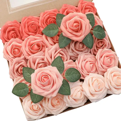 Vista 10 de Floroom Flores artificiales, 25 piezas de rosas falsas de espuma de color verde azulado de aspecto real con tallos para bricolaje, ramos de boda