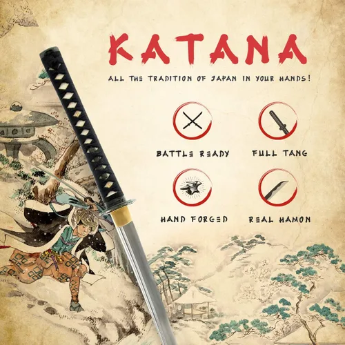 Vista 2 de HMS Espada katana samurai japonesa, Tsuba con patrón de bambú, forjada a mano, acero al carbono 1095, templado con arcilla, espiga completa, afilada