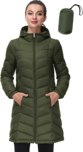SLOW DOWN Women Lightweight Down Puffer Coat, Women Hooded Mid-Length Packable Winter Jacket with 2 Packing Bag