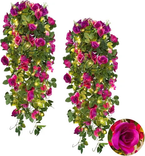 Vista 34 de RECUTMS - Guirnalda de flores artificiales colgantes de rosas negras, 2 guirnaldas florales falsas de 3.3 pies con 30 luces LED para pared