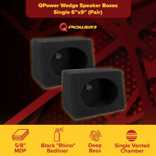 Vista 2 de Q Power Caja de altavoces de 6 x 9 pulgadas Recinto de audio con acabado duradero de spray de revestimiento de cama negro con conectores de copa