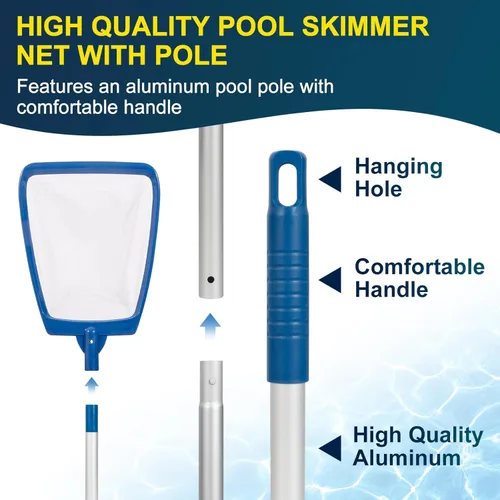 Vista 5 de POOLAZA Red de desnatador de piscina con poste, redes de piscina de malla ultra fina para limpieza con poste, red de piscina semi-profunda con poste