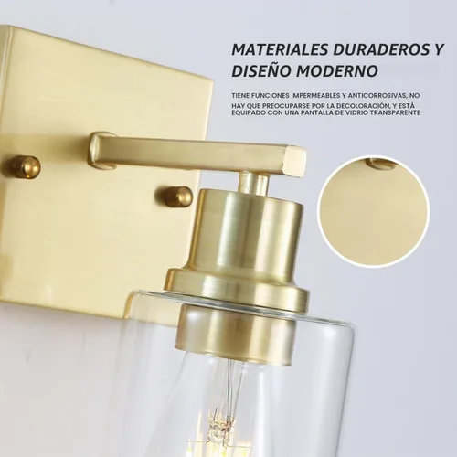 Vista 5 de Paquete de 2 lámparas de pared para sala de estar, luces de tocador de oro cepillado con pantalla de cristal, apliques de pared modernos de granja