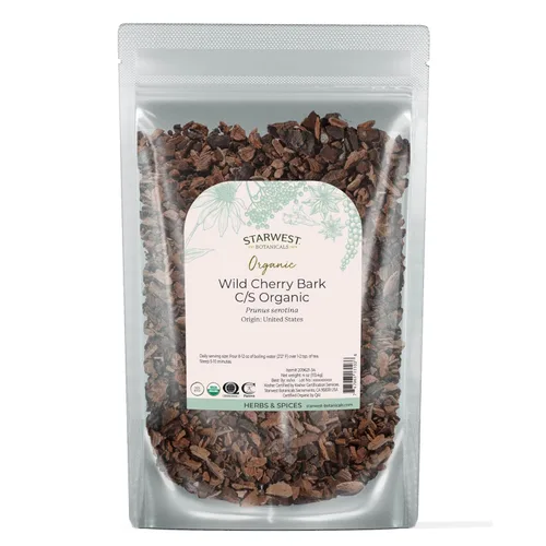 Starwest Botanicals Wild Cherry Bark Organic - Hierba seca de hojas sueltas para té, jarabe y mezclas de hierbas naturales, serotina Prunus, cortada