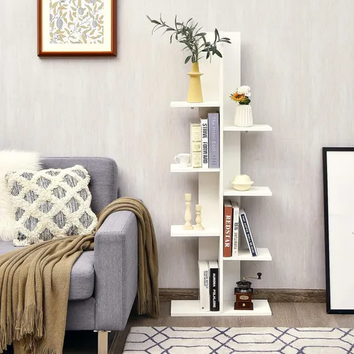 Estantería moderna, estantería geométrica con 8 estantes abiertos, estantes de madera para libros, estante de almacenamiento que ahorra espacio,