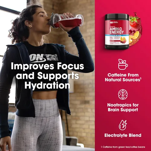 Vista 5 de Optimum Nutrition Amino Energy Powder Plus Focus, con BCAA, electrolitos y cafeína, ponche de frutas, 65 porciones (el embalaje puede variar)