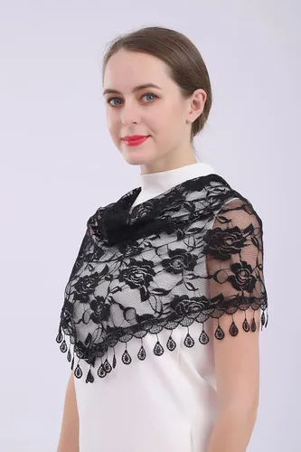 Vista 5 de Cilkus Velo de encaje Triángulo Mantilla velo Mantón o Bufanda Latina Masa Cabeza Cubierta con Flecos Encaje