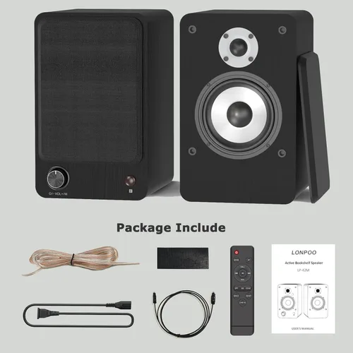 Vista 9 de LONPOO Altavoces de estantería alimentados para tocadiscos, monitores de campo cercano activos Bluetooth de 2.0 canales con tweeter de cúpula