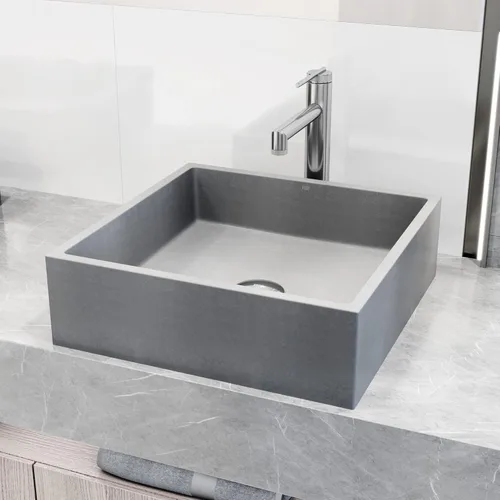 Vista 4 de VIGO Alhambra Gothic VG04068 - Lavabo de baño cuadrado de hormigón de 15 pulgadas de largo x 15 pulgadas de ancho x 5 pulgadas de alto, color gris