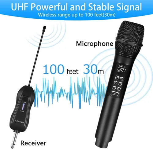 Vista 5 de K28 Micrófono inalámbrico recargable para karaoke con control de volumen y eco y receptor, micrófono dinámico de mano UHF para cantar karaoke habla