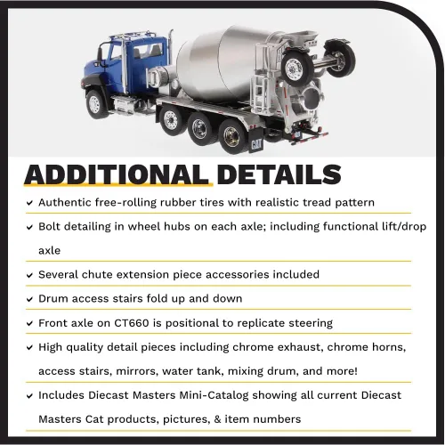 Vista 5 de Tractor de cabina de día Caterpillar CT660 de 1:50 1:50 con mezclador de hormigón McNeilus de metal - Diecast Masters 85664 Transport Series