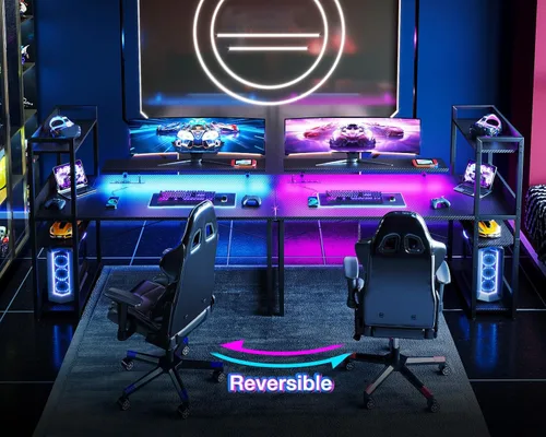 Vista 18 de ODK Escritorio reversible para juegos de 55 pulgadas con puerto de carga USB y luces LED, escritorio para computadora con estantes de almacenamiento