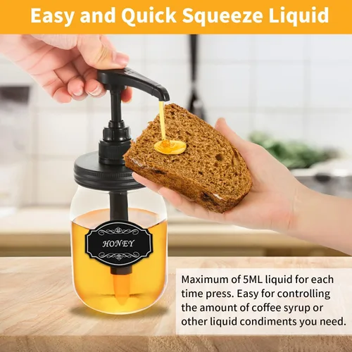 Vista 3 de 2 paquetes de dispensador de jarabe de tarro masón, dispensador de jarabe de café para tarro Mason de boca regular, bomba de plástico inoxidable