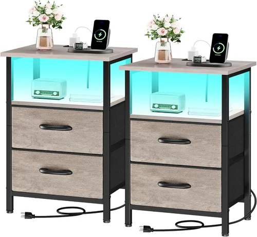 Vista 12 de Vagusicc Nightstand with Charging Station, End Table Bedside Table with 2 Fabric Drawers, Black Night Stand with USB Ports & Outlets, 24.2" Tall Bed