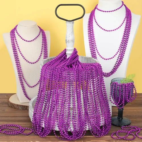 Vista 6 de 100 PCS Cuentas de Mardi Gras, Regalos de Fiesta de Cuentas de Mardi Gras, Collares de Juguete de Cuentas Moradas de 33", Disfraz a Granel
