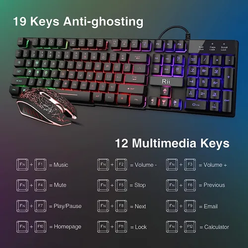 Vista 4 de Rii - Set de teclado y ratón, teclado multimedia para PC con retroiluminación LED arcoíris, ratón para juegos con retroiluminación colorida