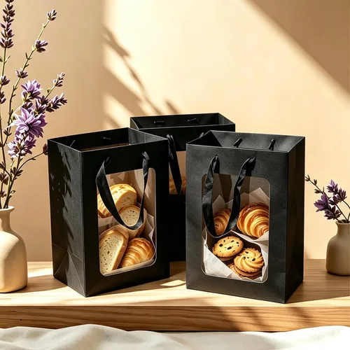 Vista 4 de Mormchlots 6 bolsas de regalo de papel kraft negro con ventana transparente